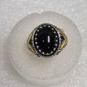Unisex Large Black Stone W Small Rhinestones Siver Ring